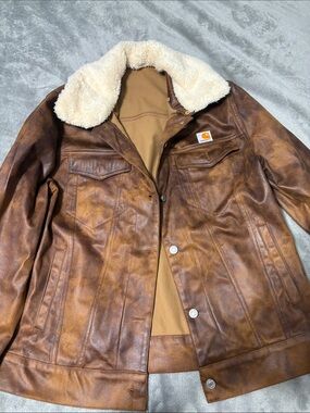 Carhartt Brown Faux Leather Bomber Jacket with Cream Sherpa Collar